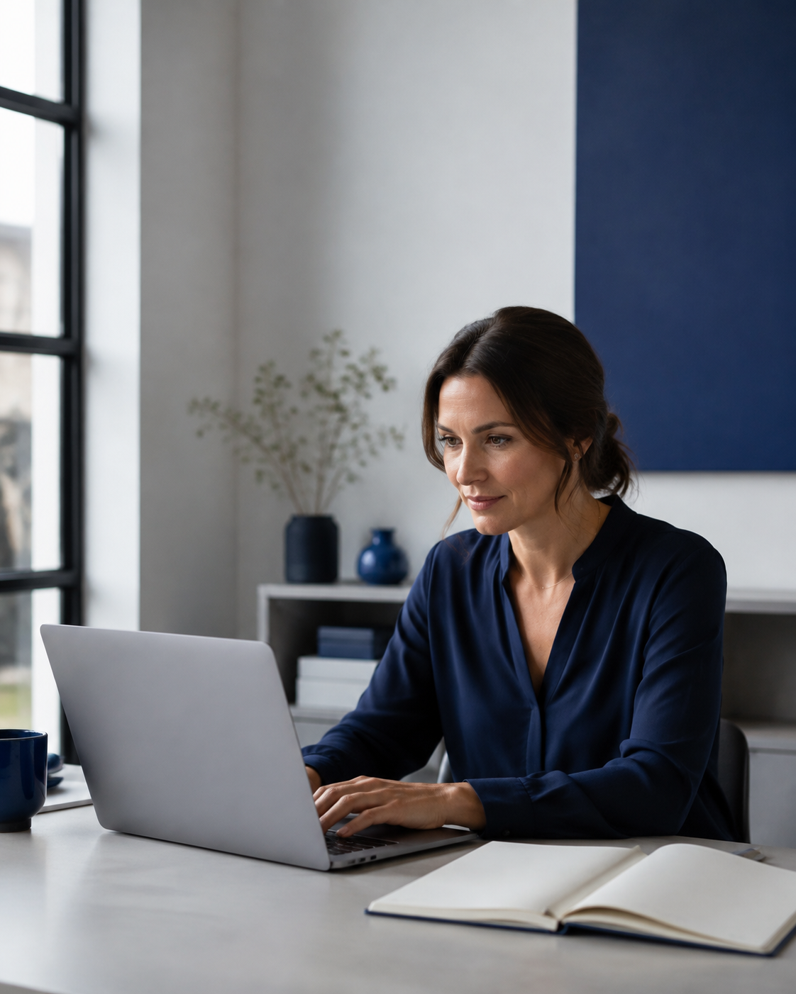 Illustrative scene of a business owner focused on her work at a laptop.